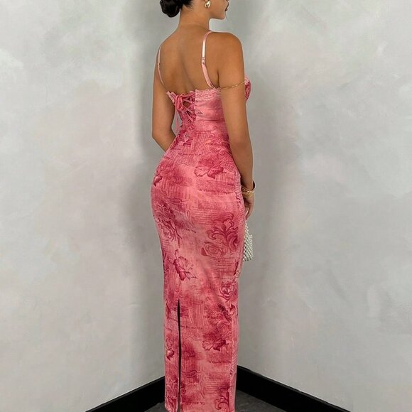 Multicolor Sexy Women's Floral Printed Pattern Lace Slim Fit Long Tank Dress - Picture 2 of 5